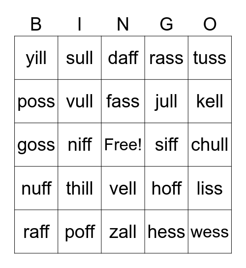 1.4 Nonsense Words Bingo Card
