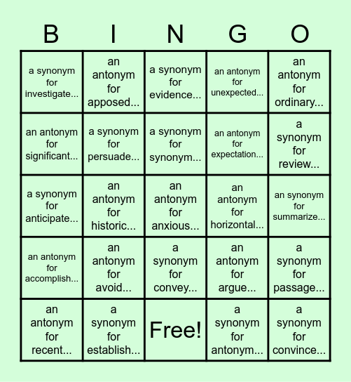 ELA Synonyms/Antonyms Bingo Card