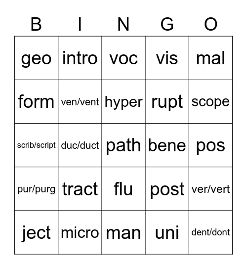 Greek and Latin Root Words Bingo Card