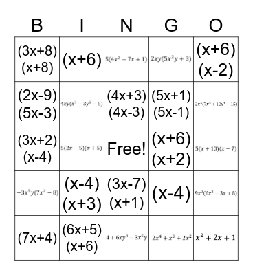 Algebra 1: Unit 10 Bingo Card