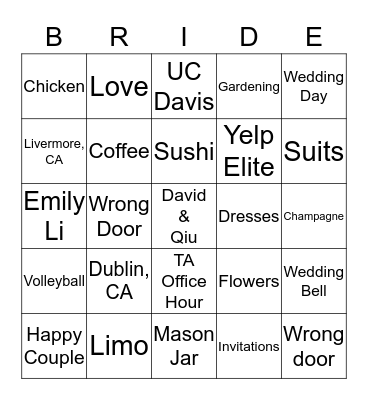 David & Qiu's Wedding Shower Bingo Card