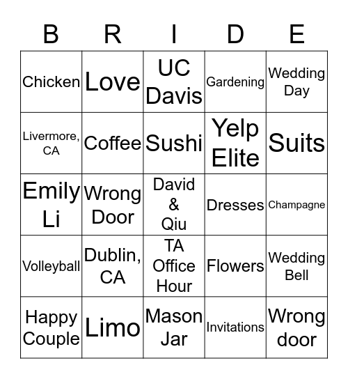 David & Qiu's Wedding Shower Bingo Card