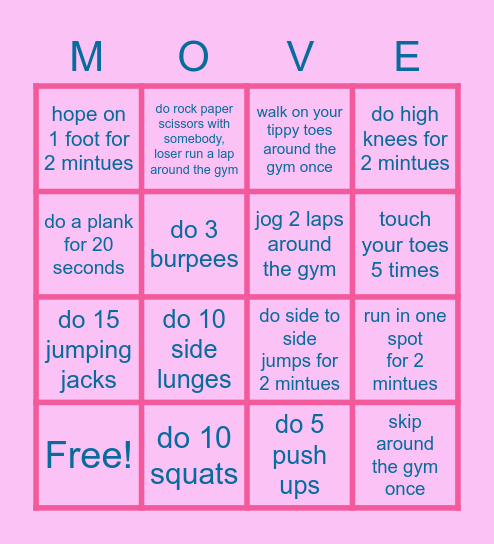 workout Bingo Card
