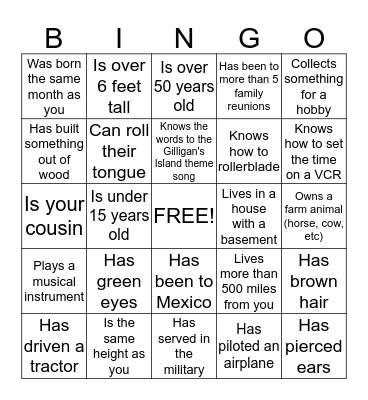 Family Reunion Find someone Who.... Bingo Card