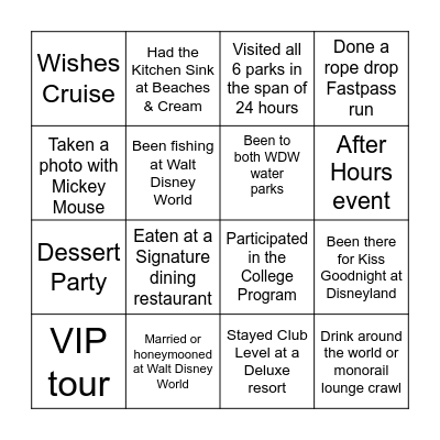 Never Have I Ever...Disney Edition Bingo Card