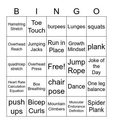 Health-Related Fitness Components BINGO Card