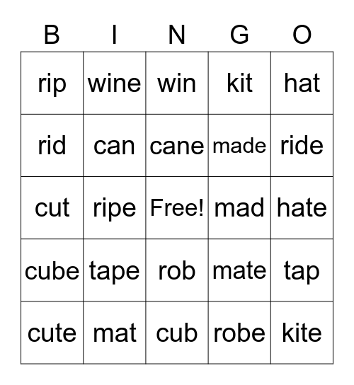 Magic e! Bingo Card