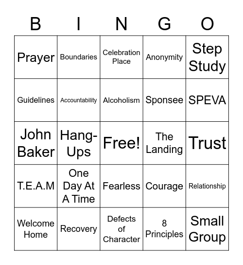 Celebrate Recovery Bingo Card