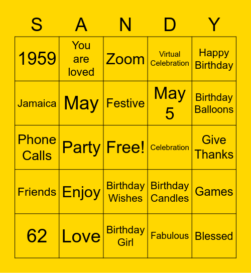Sandra's Splendid 62 Bingo Card