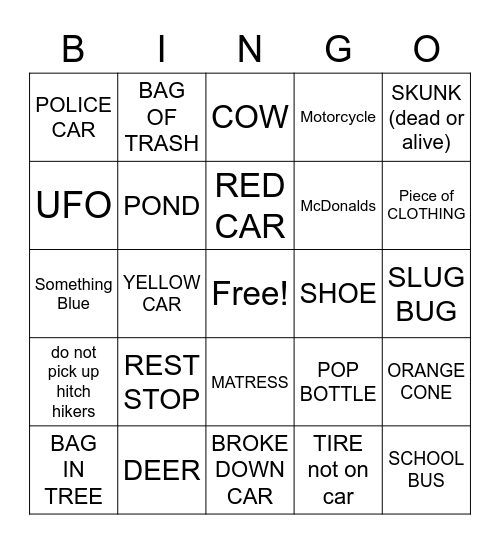 Road Trip Bingo Card