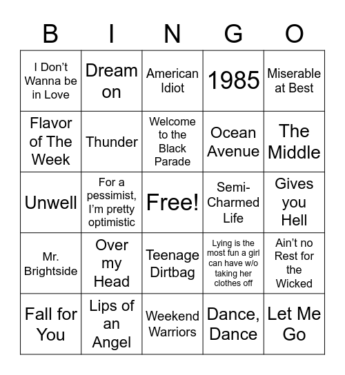 EMO Bingo Card