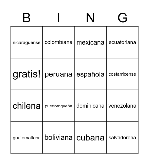 Nacionalidad Bingo Card