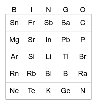 Periodic Table Bingo Card