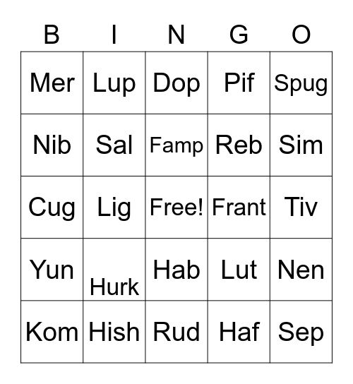 Non-Word Reading Bingo Card