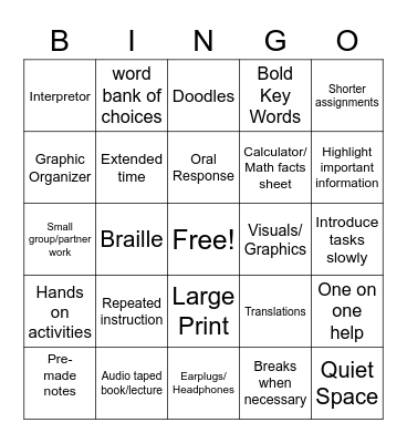 Accommodations/Modifications Bingo Card