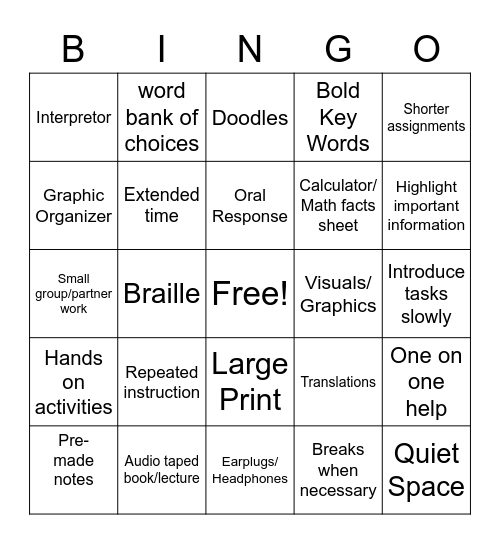 Accommodations/Modifications Bingo Card