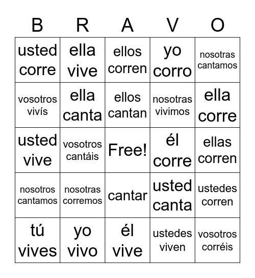 Los Verbos Regulares Bingo Card