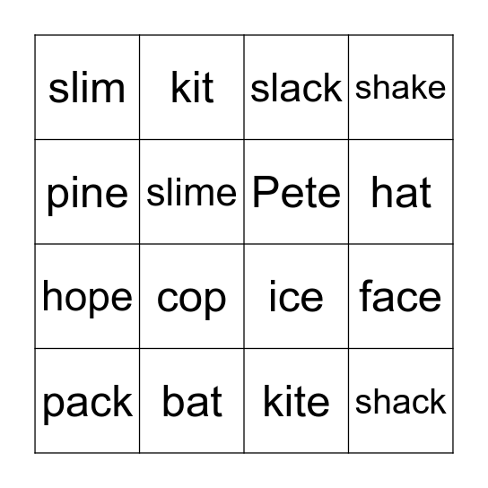 Silent E Bingo Card