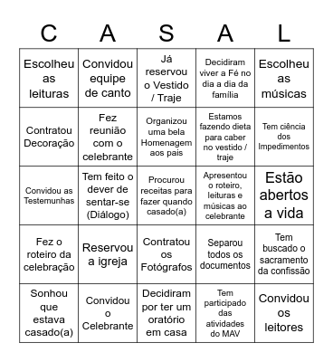 Preparação para o Matrimônio Bingo Card