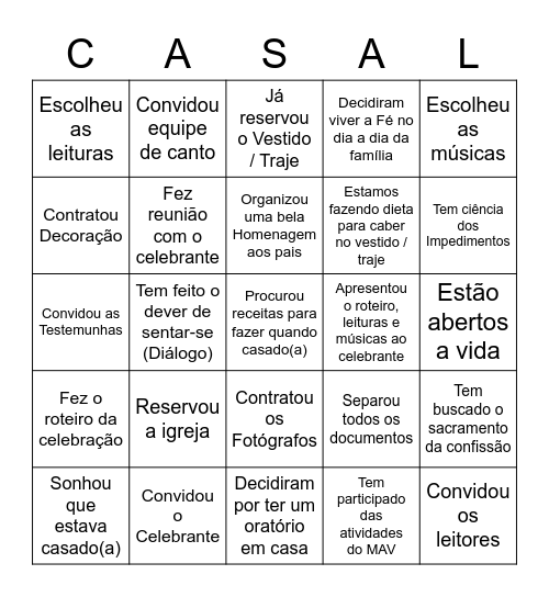 Preparação para o Matrimônio Bingo Card