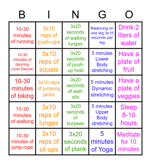 Fitness Bingo Card