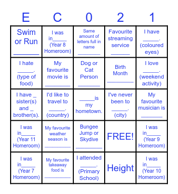 Year 12 2021 - What do we have in common? Bingo Card