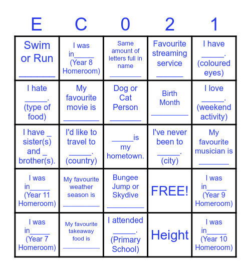 Year 12 2021 - What do we have in common? Bingo Card
