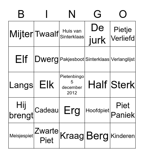 Pietenbingo Groep 4 OBS De Zeester Bingo Card
