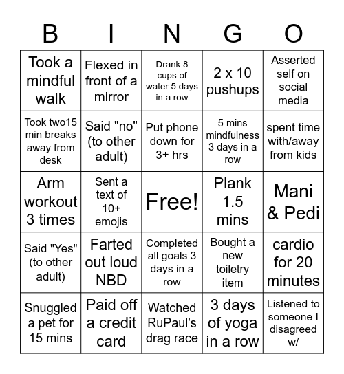 Wellness Challenge Week 3 Bingo Card