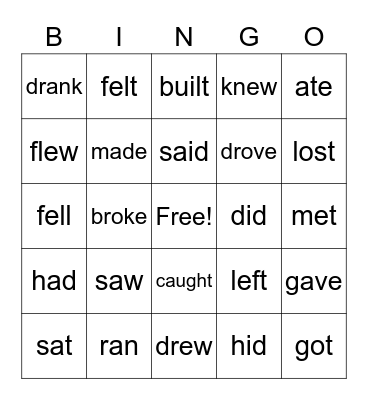 Irregular Past Tense Verbs Bingo Card