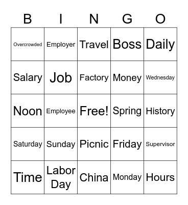Chinese Labor Day Bingo Card