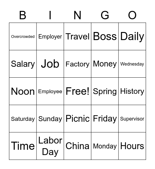 Chinese Labor Day Bingo Card