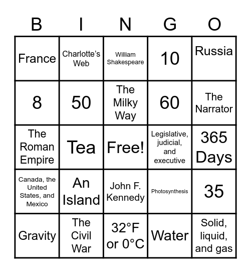 Are you smarter then a 5th grader? Bingo Card