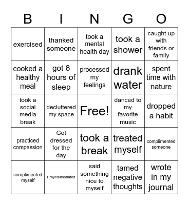 Self-Care Bingo Card