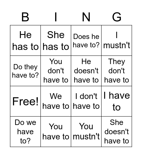 must / have to Bingo Card