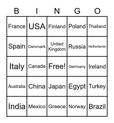 Country Bingo Card