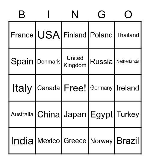 Country Bingo Card