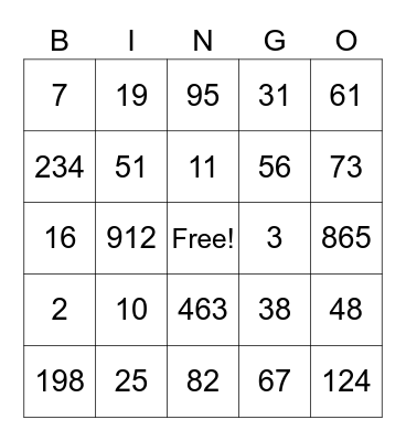 Place Value Bingo Card