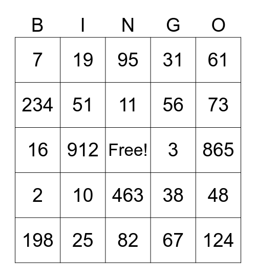 Place Value Bingo Card