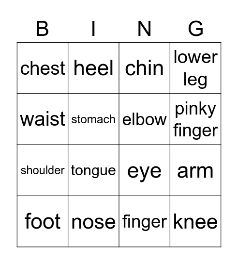 English bingo Card