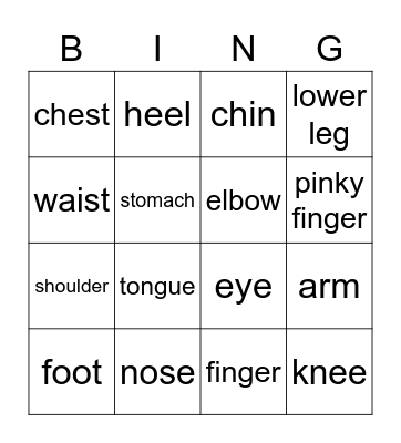English bingo Card
