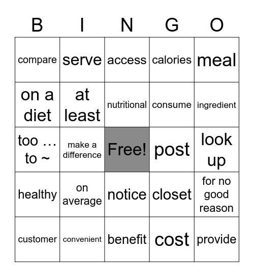 Unit 03 - Fast-Food Chains Listing Calories Bingo Card