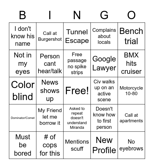 No Pixel Cop Bingo Card