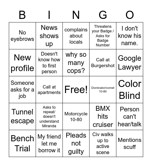 Cop Bingo Card