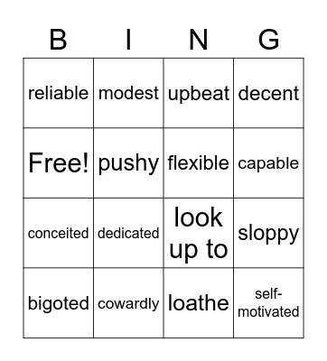 Character/Personality Bingo Card