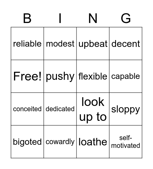 Character/Personality Bingo Card