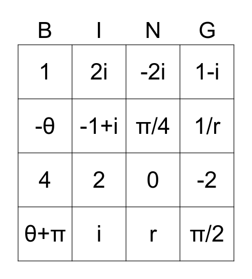 Exponential Form Bingo Card