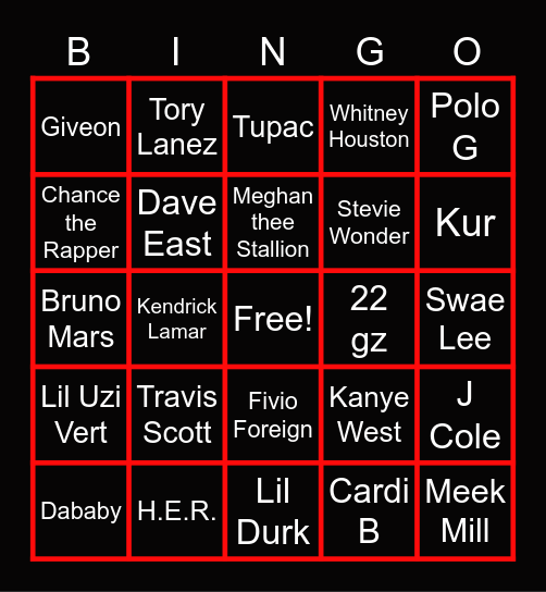 Music Artist Bingo Card