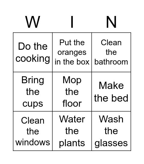 House Chores Bingo Card