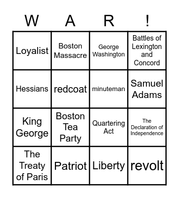 American Revolutionary War Review Bingo Card